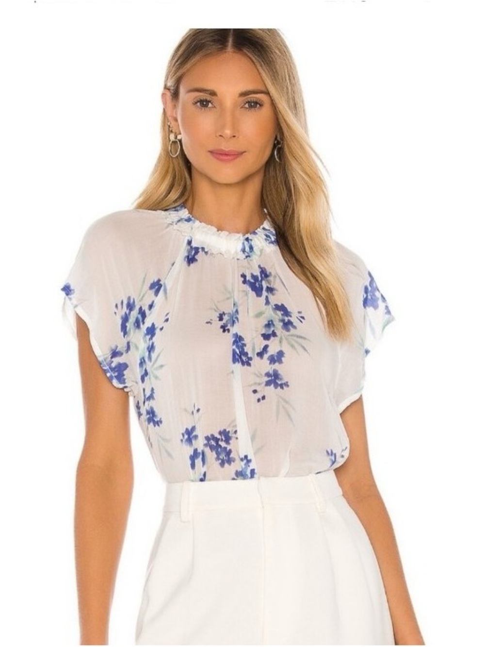Bella Dahl White Sheer Blouse with Blue Floral Print